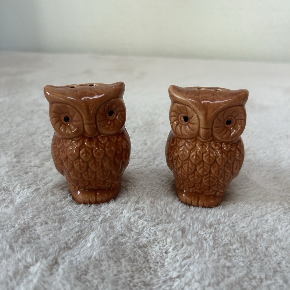 Vintage 1970's Ceramic Salt & Pepper Shakers Owl Set Figurine With Plugs